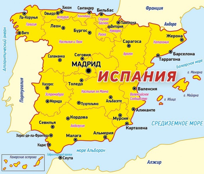 Курорты Испании на карте